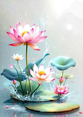 Watercolor Lotus Flowers in Pond