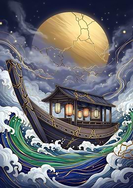 Kintsugi Japanese Boat on Waves Under Moon