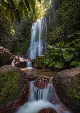 Lush Waterfall in Tropical Forest