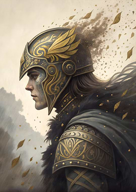 Golden Helm Warrior: Epic Dark Fantasy Character Wall Poster