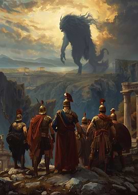 Ancient Warriors Confronting a Giant Monster