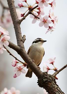 Bird On Cherry Blossom Branch