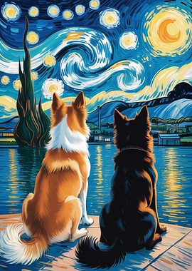 Dogs under Starry Night Sky Painting
