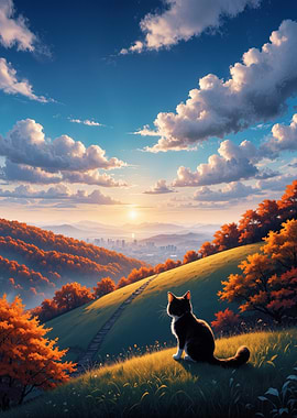 Cat on Hillside at Sunset