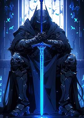Dark Knight with Glowing Blue Sword