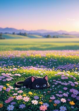 Black Cat in Flower Field