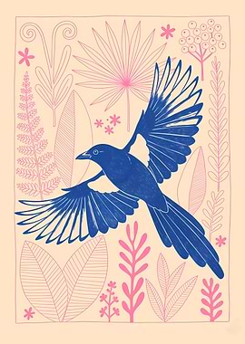 Blue Magpie in Flight with Flora