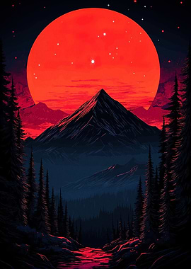 Red Moon Over Mountain Landscape
