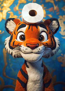 Cartoon Tiger with Toilet Paper on Head
