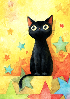 Black Cat with Stars Watercolor Painting