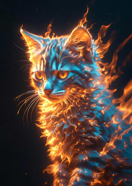 Fire and Ice Cat Fantasy Art – Glowing Flaming Blue Cat Digital Illustration