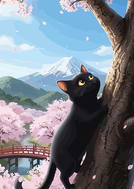 Black cat climbing a cherry tree