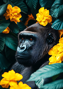 Gorilla with Yellow Flowers Portrait