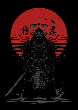 Samurai Warrior Silhouette with Red Sun