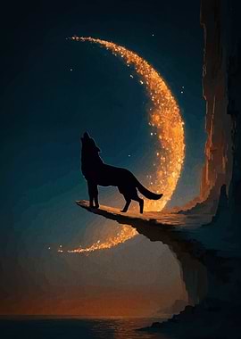 Wolf Howling at Crescent Moon
