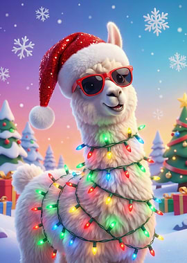 Christmas Llama with Lights and Santa Hat