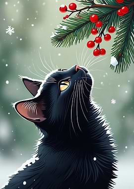 Black Cat Gazing at Berries in Snow