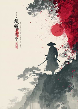 Samurai Silhouette with Red Sun