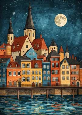 Colorful Cityscape at Night with Moon