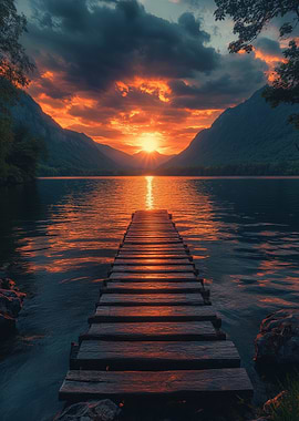 Sunset over lake with wooden pier