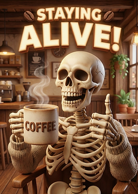 Skeleton Drinking Coffee: Staying Alive