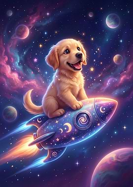 Puppy on Rocket in Space