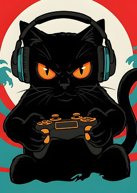 Funny Gamer Cat Retro Controller Headphones Night Square