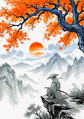 Samurai on Cliff with Autumn Tree
