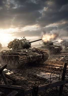 Tanks firing in a muddy field