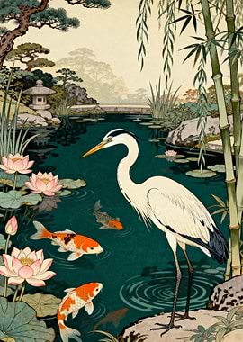 Japanese Garden with Heron and Koi
