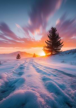Winter Sunrise Landscape with Snow and Trees
