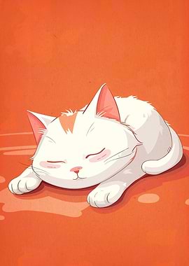 Sleeping White Cat on Orange Background
