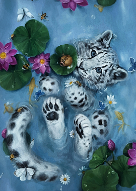 Snow Leopard in Water with Lotus