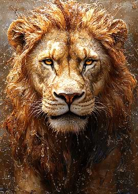 Majestic Lion Portrait with Water Droplets