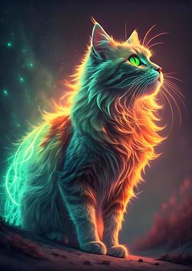 Neon Siberian Cat with Glowing Aura
