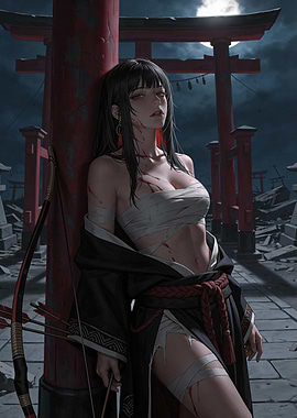 Wounded Archer Girl in Torii Landscape