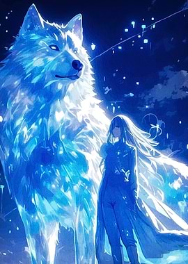 Anime Girl with Luminous Wolf Companion