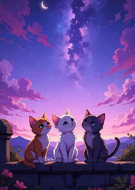 Three Cats Gazing at Night Sky