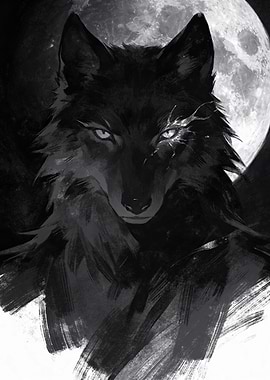 Monochrome Wolf Portrait with Moon