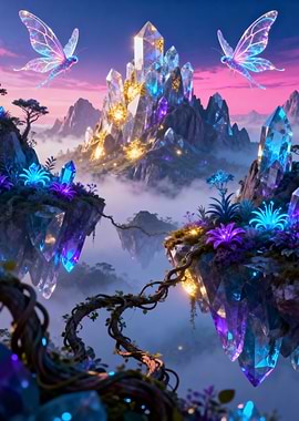 Crystal Mountain Fantasy Landscape with Butterflies