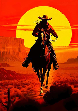 Cowboy Riding Horse at Sunset