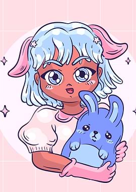 Anime Girl Holding a Plush Bunny