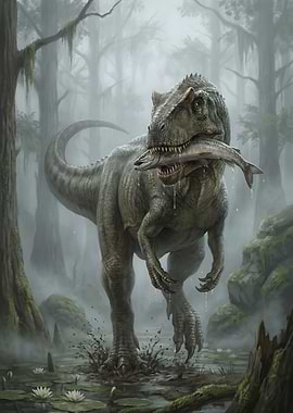 Dinosaur with Fish in Swamp