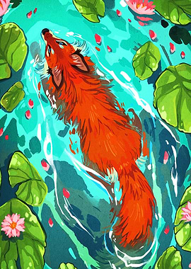 Fox swimming in a lily pond