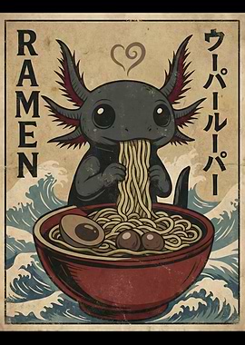 Adorable Ramen Axolotl Noodles Retro Japanese Art