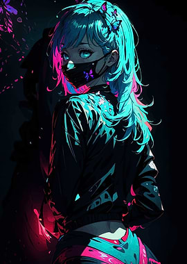 Cyberpunk Girl with Mask and Butterflies