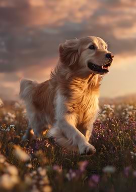 Golden Retriever in a Flower Field