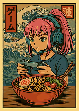 Anime Gamer Girl Poster, Japanese Ramen Art Print, Retro Waves Otaku Wall Decor