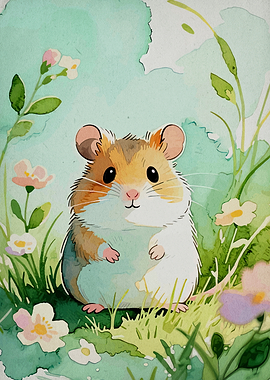 Watercolor Hamster in Floral Meadow