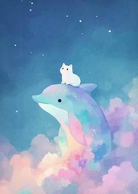 Cat on Dolphin Watercolor Dreamscape